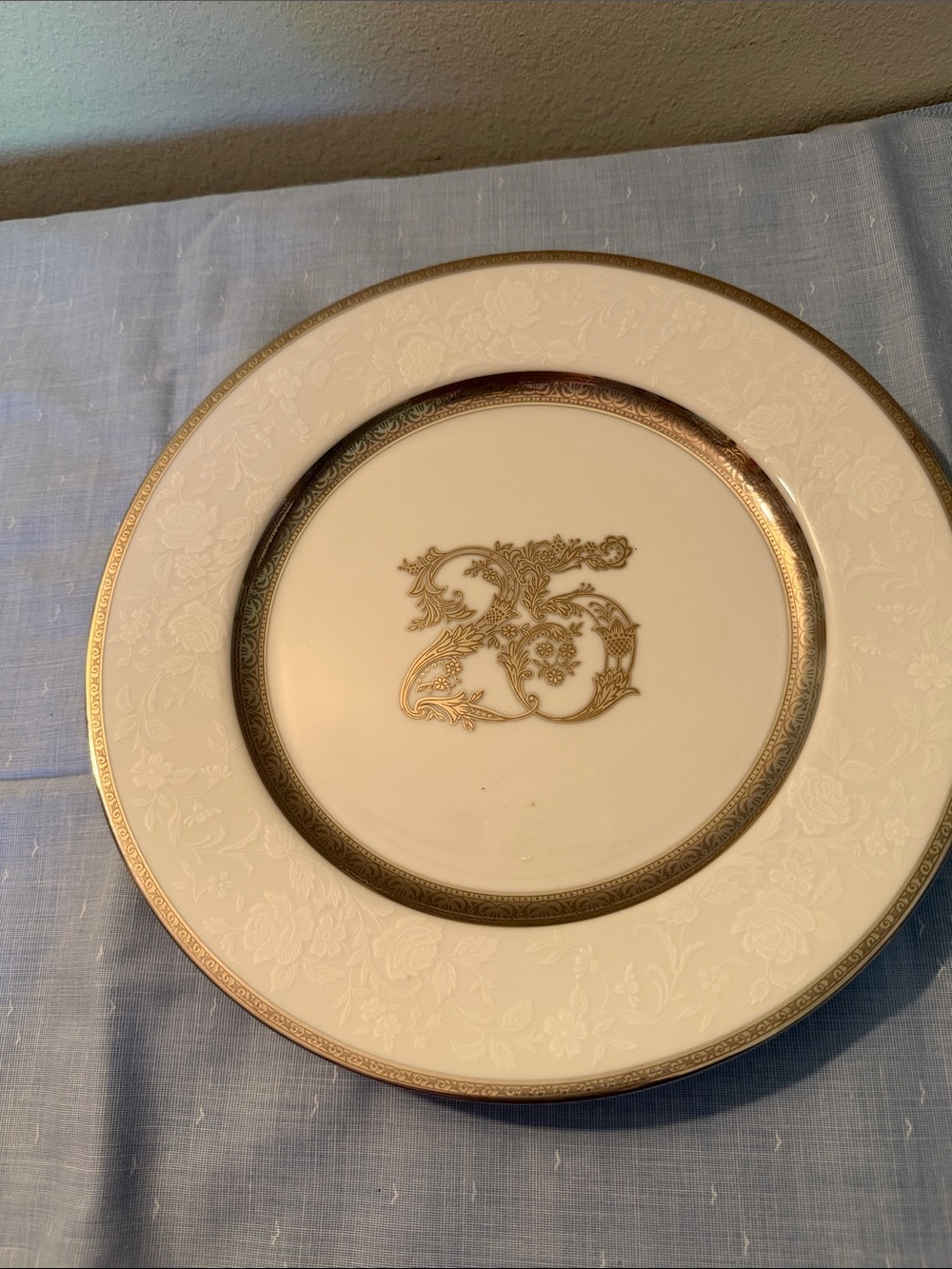 White and Silver Embossed Porcelain 25 Anniversary porcelain Dinner Plate